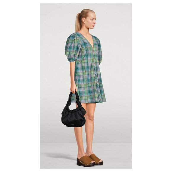 Ganni Puff Sleeve Lagoon Seersucker Check Plaid Mini Dress Preppy Scandi Girl - Picture 4 of 16
